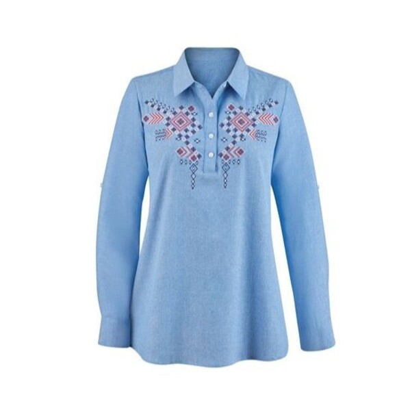 Collections Etc Large Aztec Embroidered Chambray Popover Blouse-Roll Tab Sleeve - Picture 1 of 9